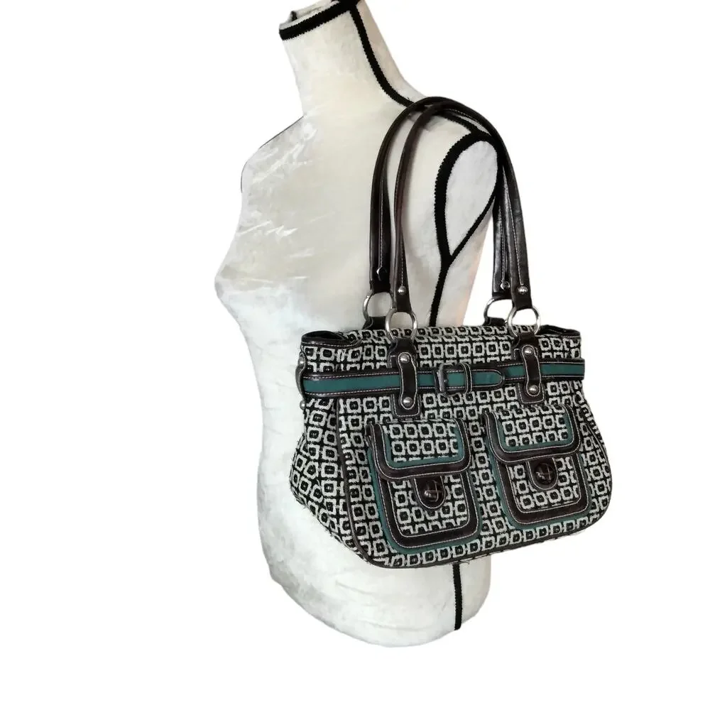 Vintage Y2K Tweed Black and White Teal Trim Satchel Bag Purse